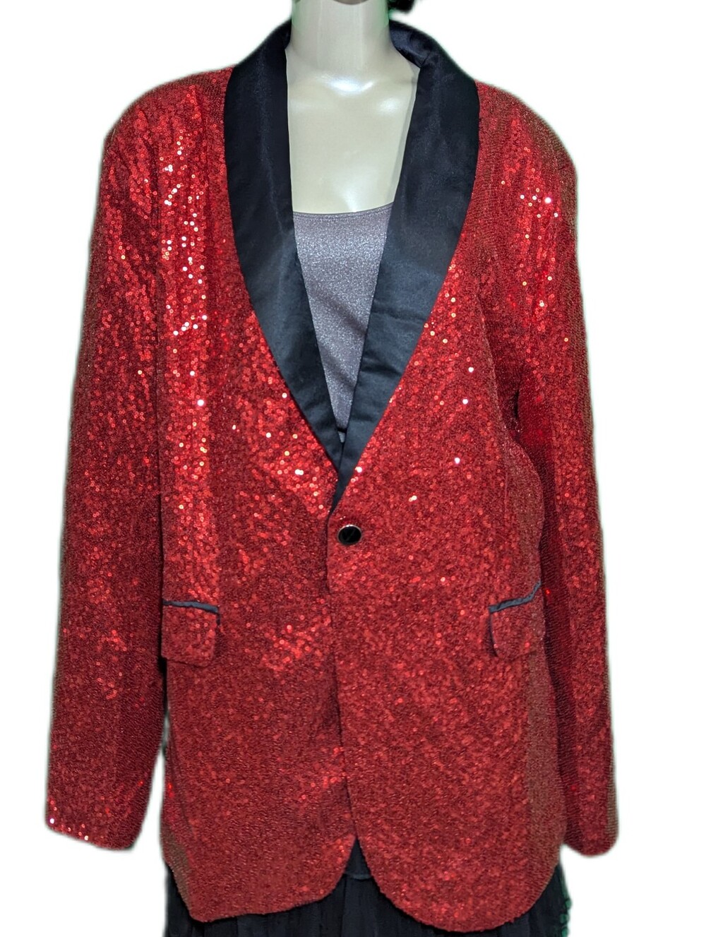 NWOT Manfinity Red Sequin Blazer with Black Satin Shawl Collar XL